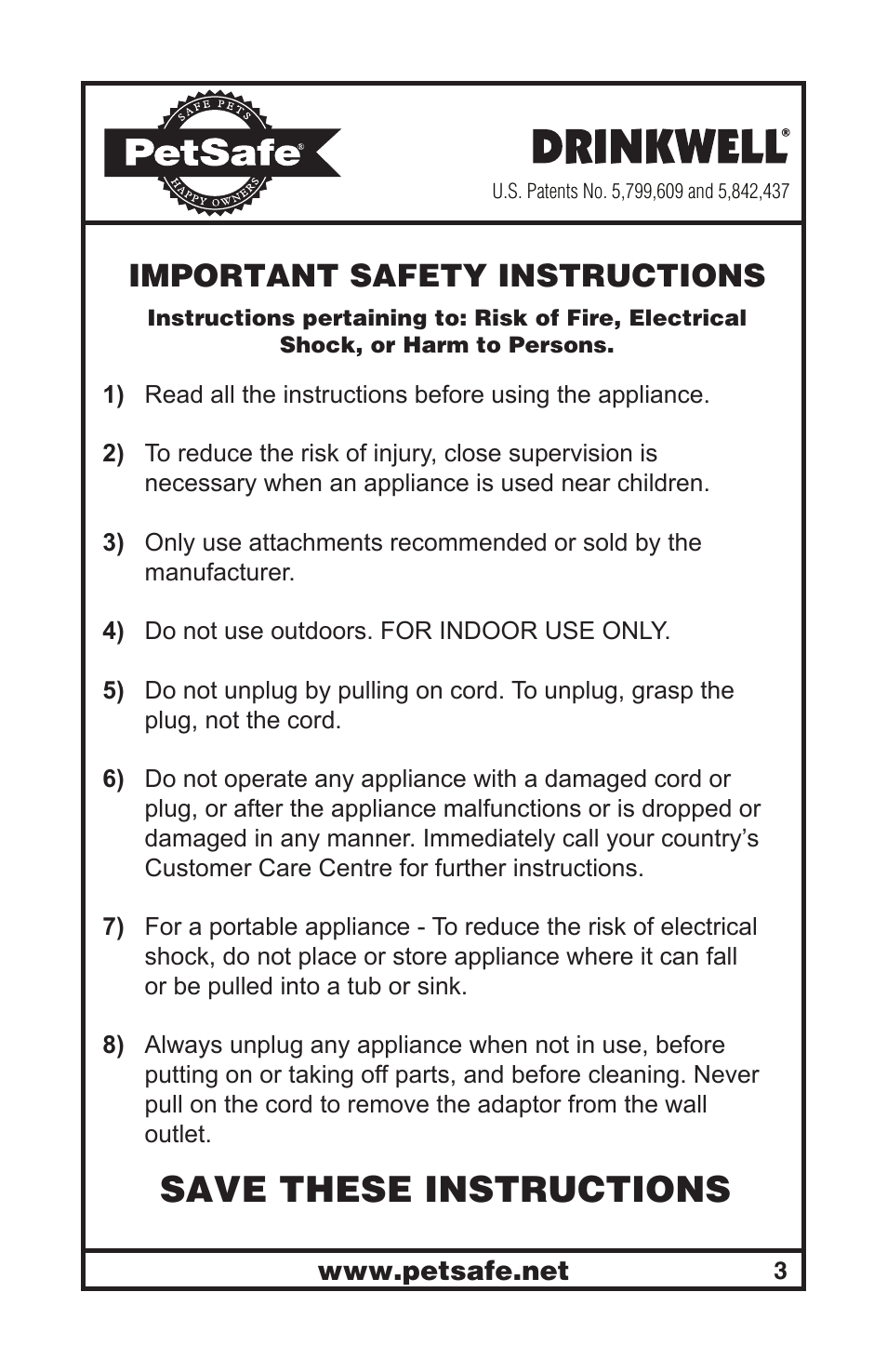 Save these instructions, Important safety instructions | Petsafe Drinkwell® Mini Pet Fountain User Manual | Page 3 / 73