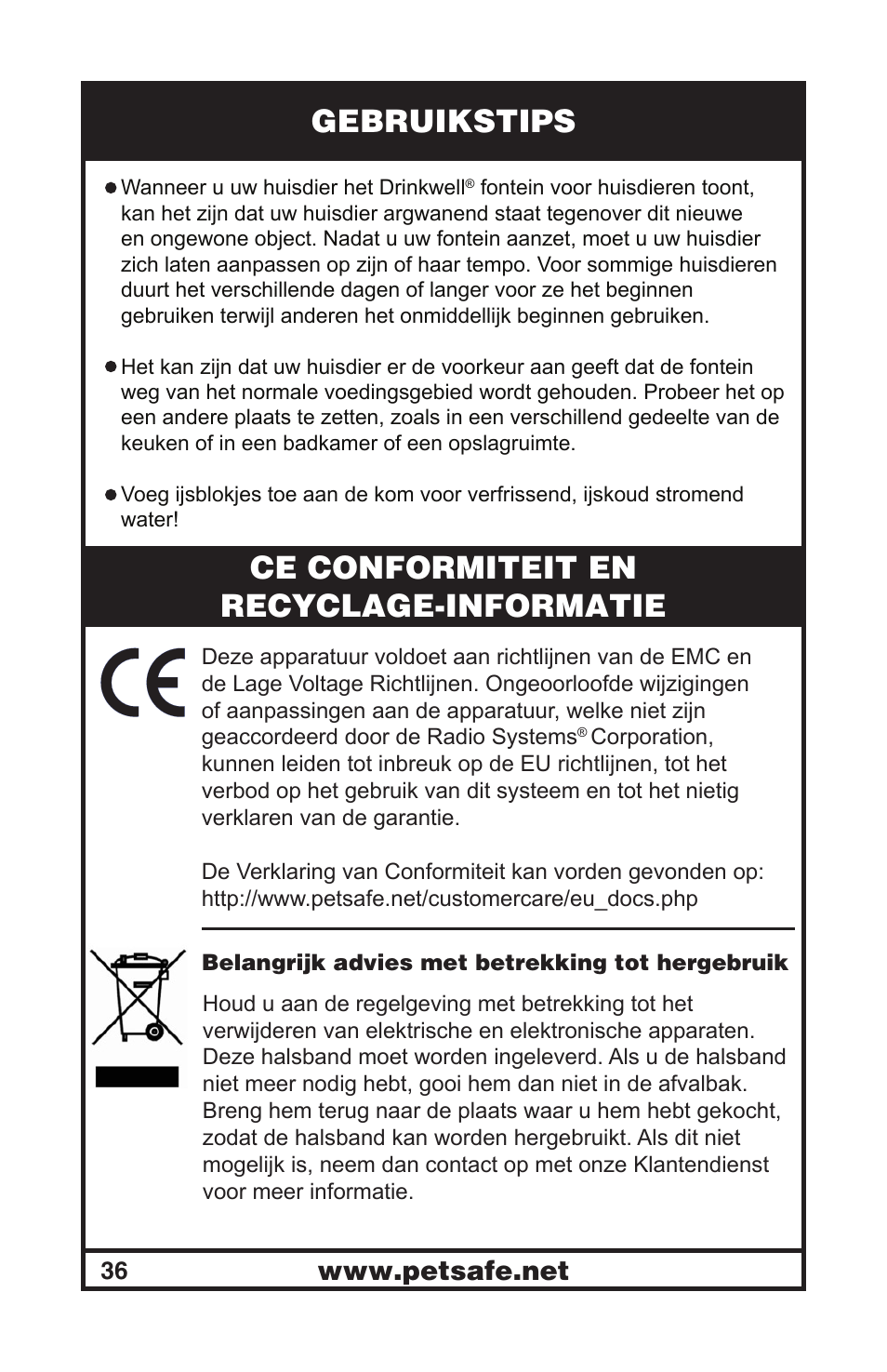 Gebruikstips, Ce conformiteit en recyclage-informatie | Petsafe Drinkwell® Mini Pet Fountain User Manual | Page 36 / 73