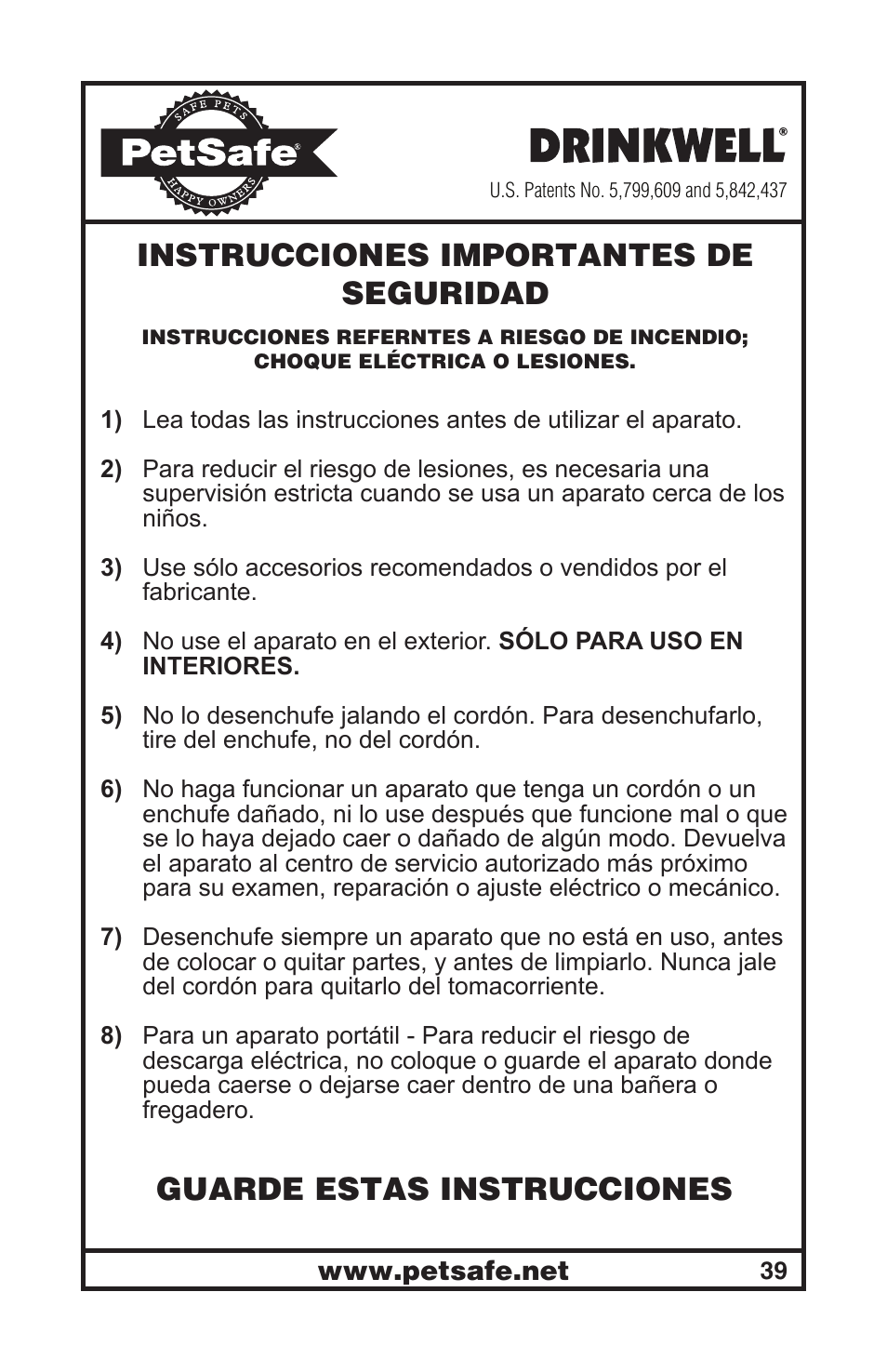 Instrucciones importantes de seguridad, Guarde estas instrucciones | Petsafe Drinkwell® Mini Pet Fountain User Manual | Page 39 / 73