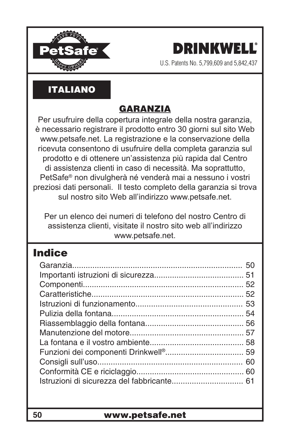 Indice | Petsafe Drinkwell® Mini Pet Fountain User Manual | Page 50 / 73