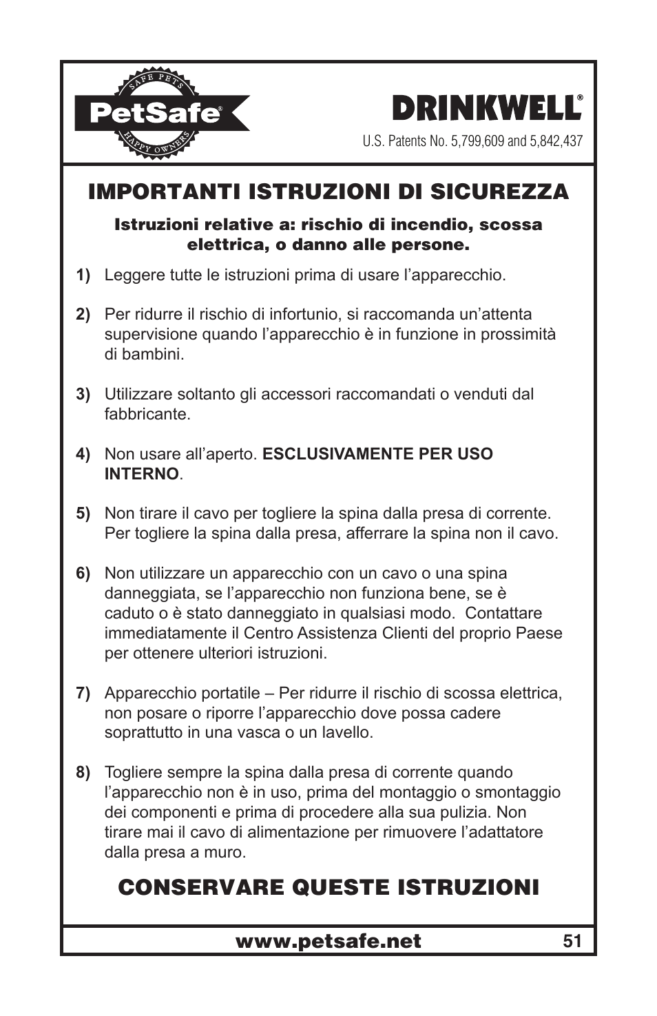 Importanti istruzioni di sicurezza, Conservare queste istruzioni | Petsafe Drinkwell® Mini Pet Fountain User Manual | Page 51 / 73