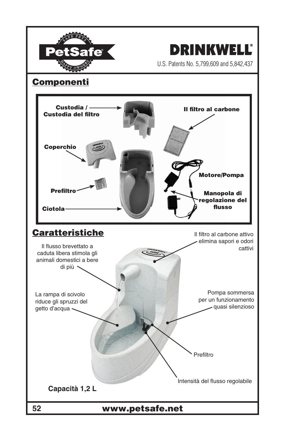 Componenti caratteristiche, Capacità , l | Petsafe Drinkwell® Mini Pet Fountain User Manual | Page 52 / 73