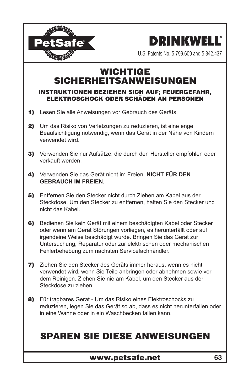 Wichtige sicherheitsanweisungen, Sparen sie diese anweisungen | Petsafe Drinkwell® Mini Pet Fountain User Manual | Page 63 / 73