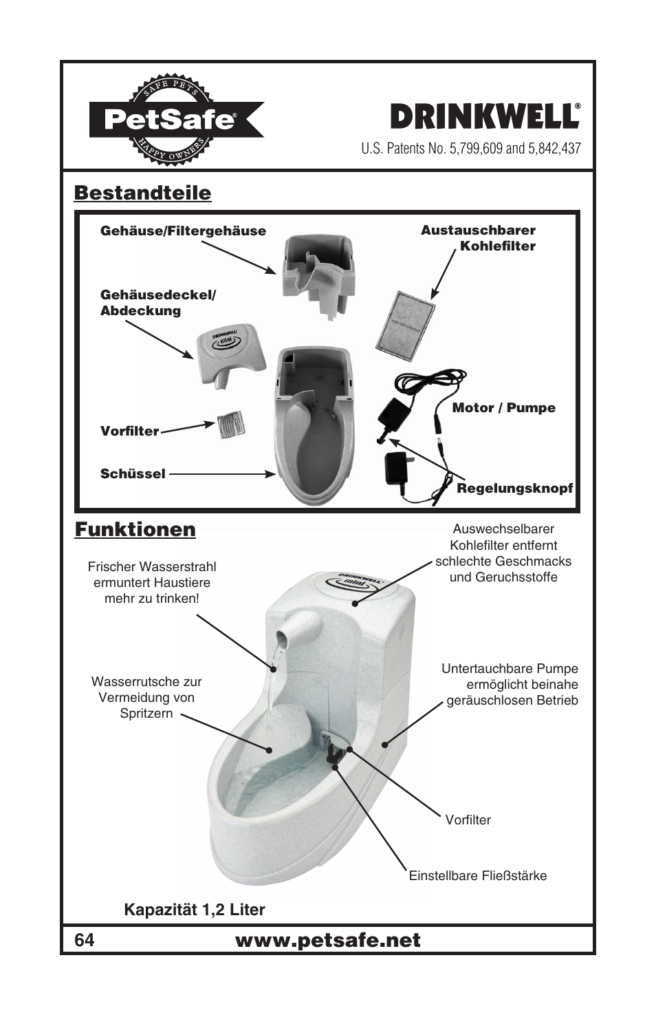 Bestandteile funktionen, Kapazität , liter | Petsafe Drinkwell® Mini Pet Fountain User Manual | Page 64 / 73