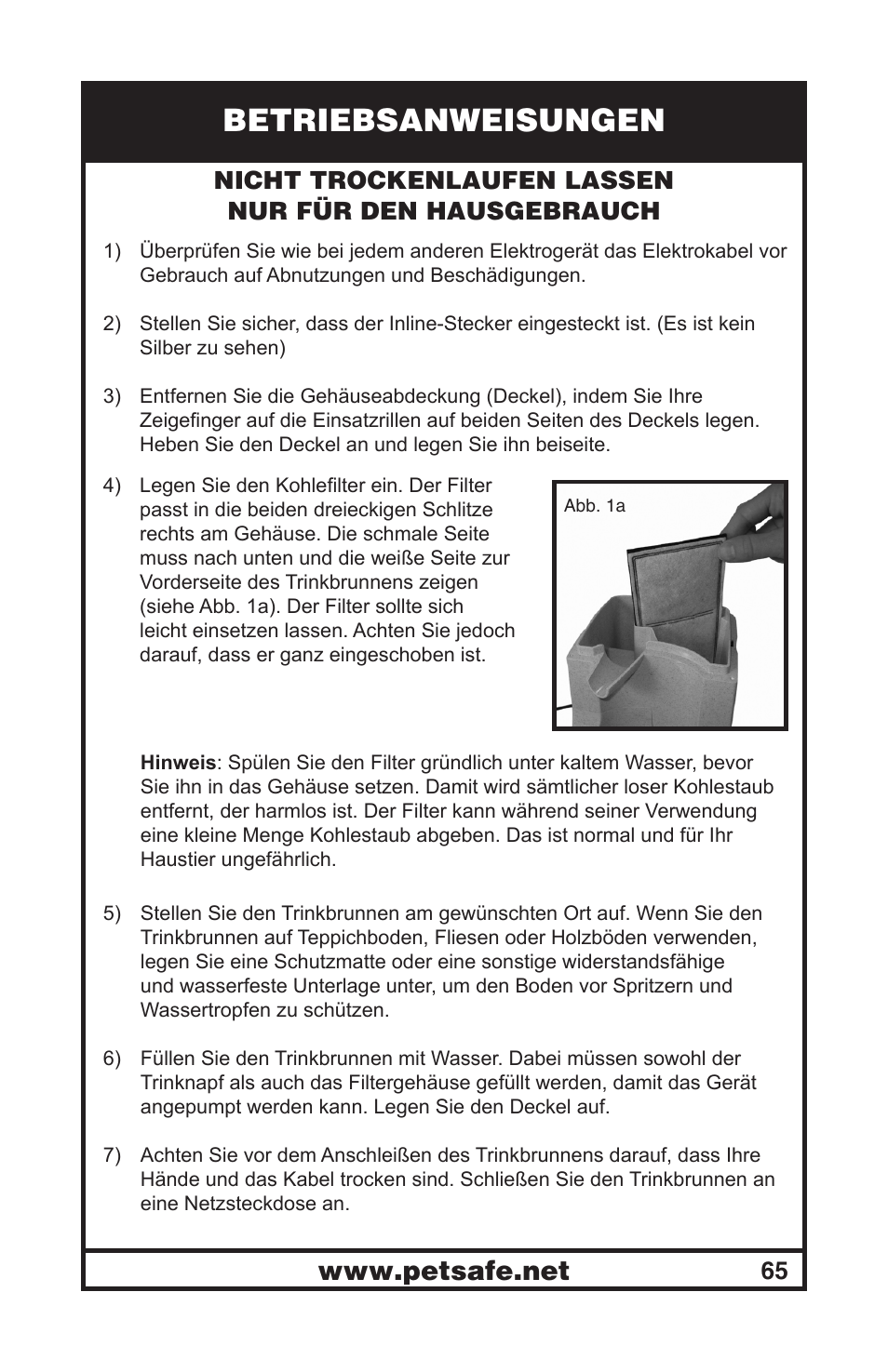Betriebsanweisungen | Petsafe Drinkwell® Mini Pet Fountain User Manual | Page 65 / 73