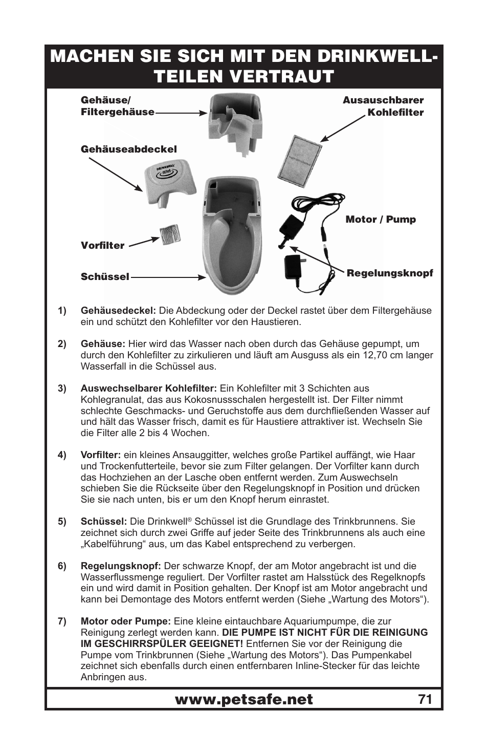 Machen sie sich mit den drinkwell- teilen vertraut | Petsafe Drinkwell® Mini Pet Fountain User Manual | Page 71 / 73