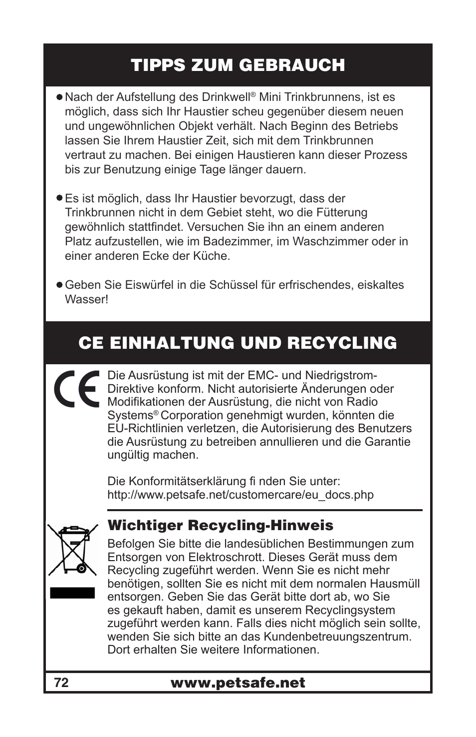 Tipps zum gebrauch, Ce einhaltung und recycling, Wichtiger recycling-hinweis | Petsafe Drinkwell® Mini Pet Fountain User Manual | Page 72 / 73