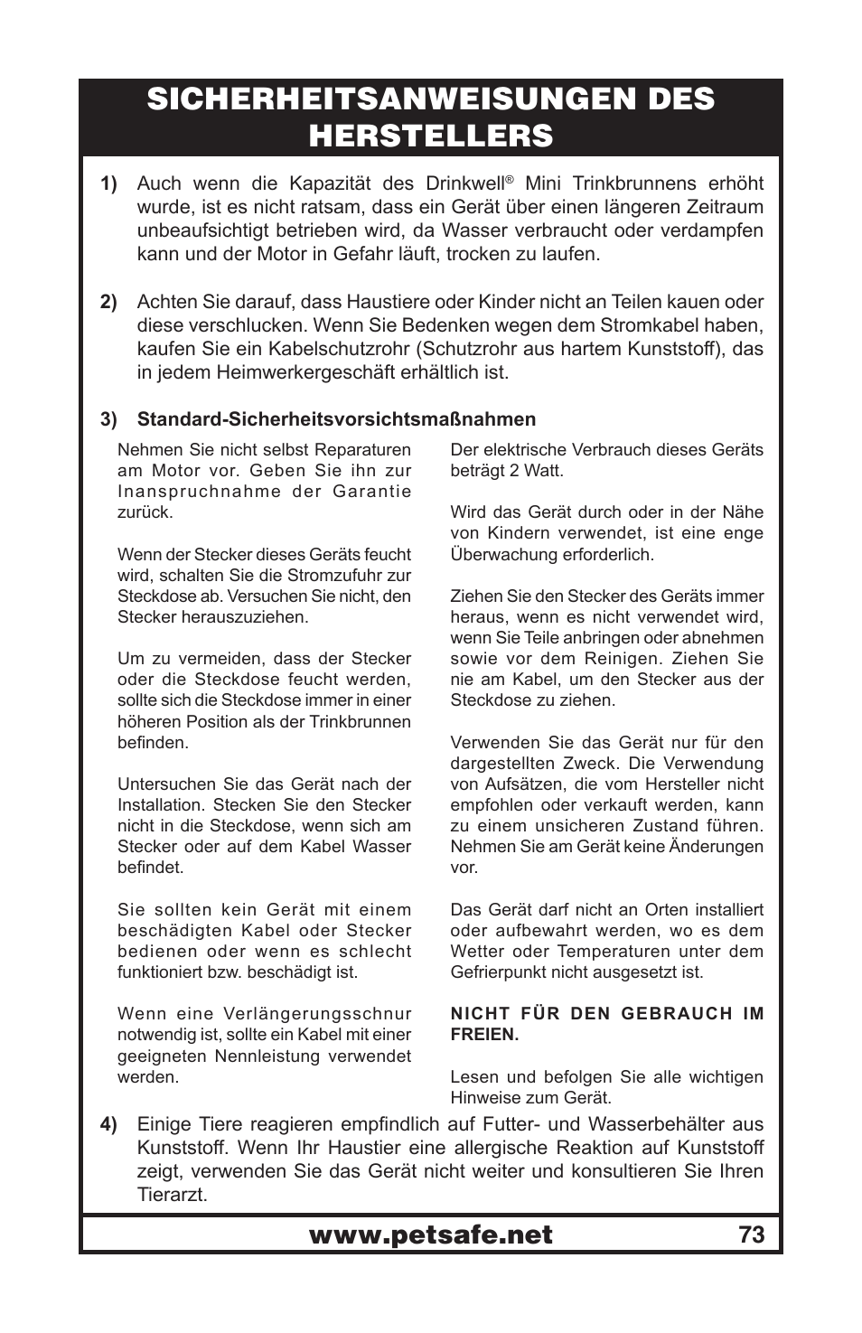 Sicherheitsanweisungen des herstellers | Petsafe Drinkwell® Mini Pet Fountain User Manual | Page 73 / 73