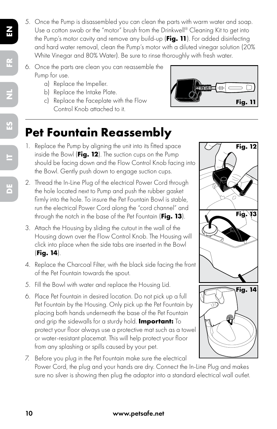 Pet fountain reassembly, En es fr it nl de | Petsafe Drinkwell® Original Pet Fountain User Manual | Page 10 / 76