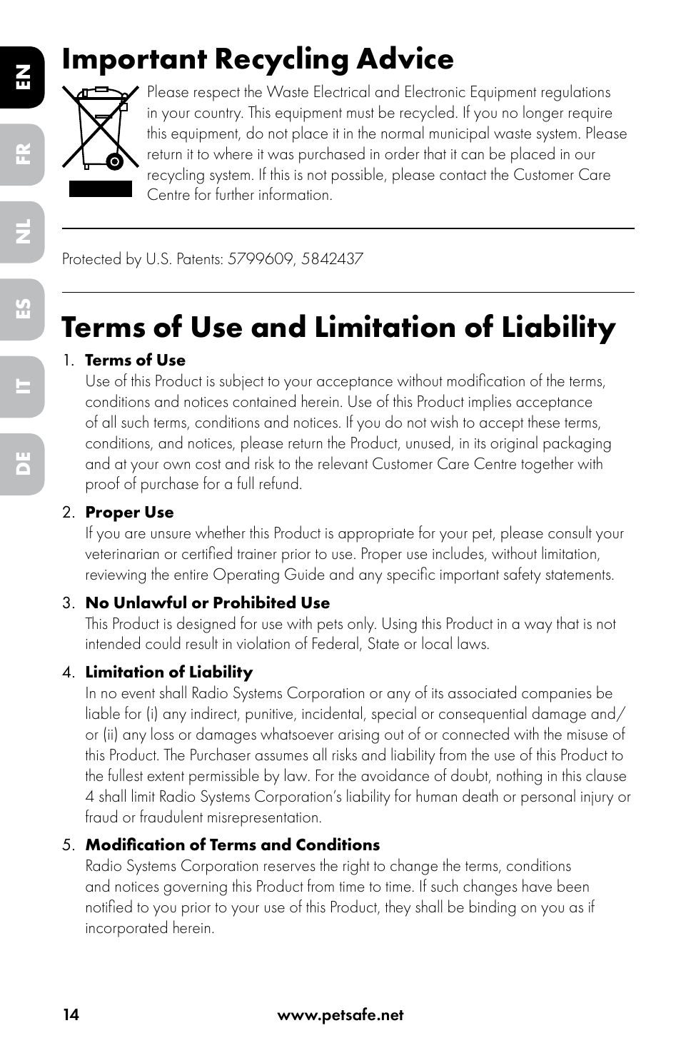 Important recycling advice, Terms of use and limitation of liability | Petsafe Drinkwell® Original Pet Fountain User Manual | Page 14 / 76