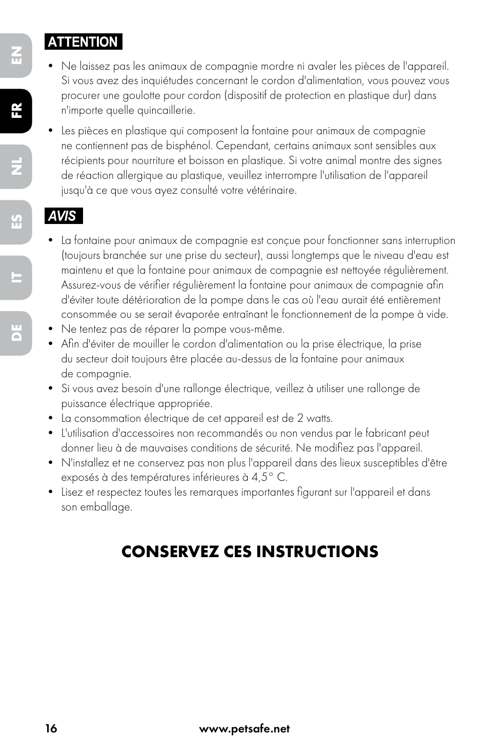 Conservez ces instructions | Petsafe Drinkwell® Original Pet Fountain User Manual | Page 16 / 76