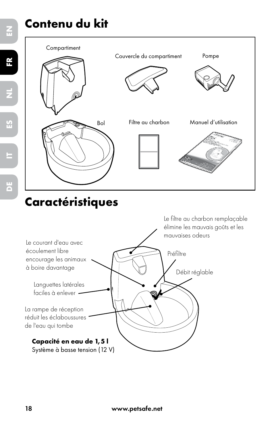 Contenu du kit caractéristiques, En es fr it nl de | Petsafe Drinkwell® Original Pet Fountain User Manual | Page 18 / 76
