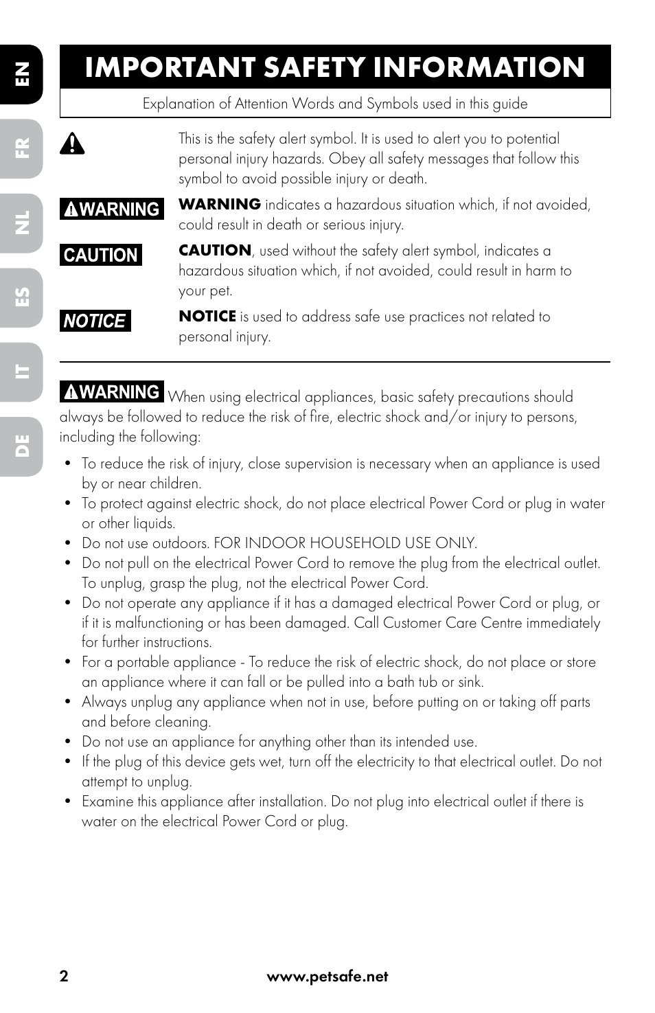 Important safety information | Petsafe Drinkwell® Original Pet Fountain User Manual | Page 2 / 76