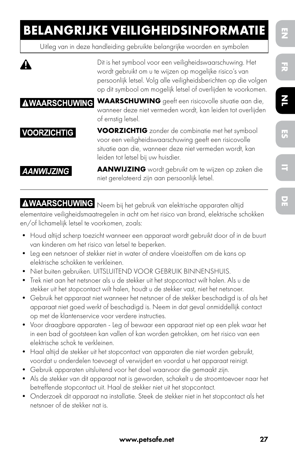 Belangrijke veiligheidsinformatie | Petsafe Drinkwell® Original Pet Fountain User Manual | Page 27 / 76