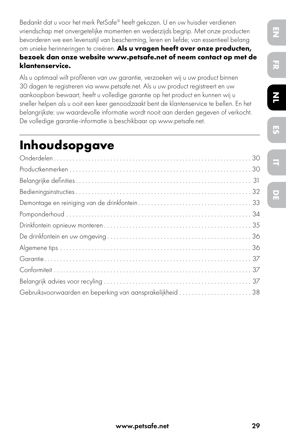 Inhoudsopgave | Petsafe Drinkwell® Original Pet Fountain User Manual | Page 29 / 76