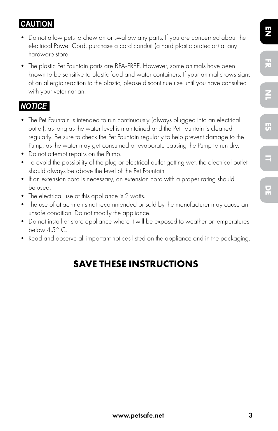 Save these instructions | Petsafe Drinkwell® Original Pet Fountain User Manual | Page 3 / 76