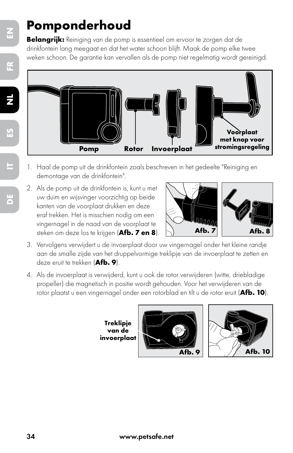 Pomponderhoud, En es fr it nl de | Petsafe Drinkwell® Original Pet Fountain User Manual | Page 34 / 76