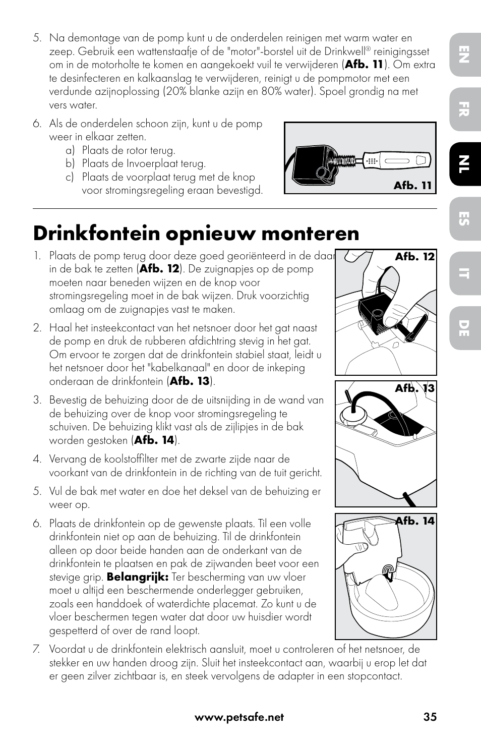 Drinkfontein opnieuw monteren, Fr it nl de en es | Petsafe Drinkwell® Original Pet Fountain User Manual | Page 35 / 76