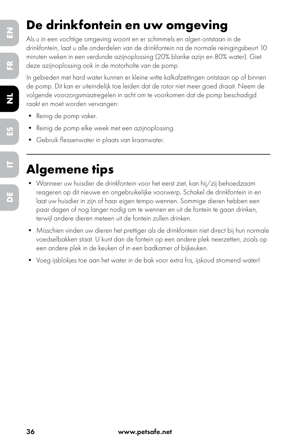 De drinkfontein en uw omgeving, Algemene tips | Petsafe Drinkwell® Original Pet Fountain User Manual | Page 36 / 76
