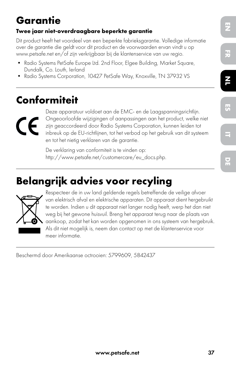 Garantie, Conformiteit, Belangrijk advies voor recyling | Petsafe Drinkwell® Original Pet Fountain User Manual | Page 37 / 76