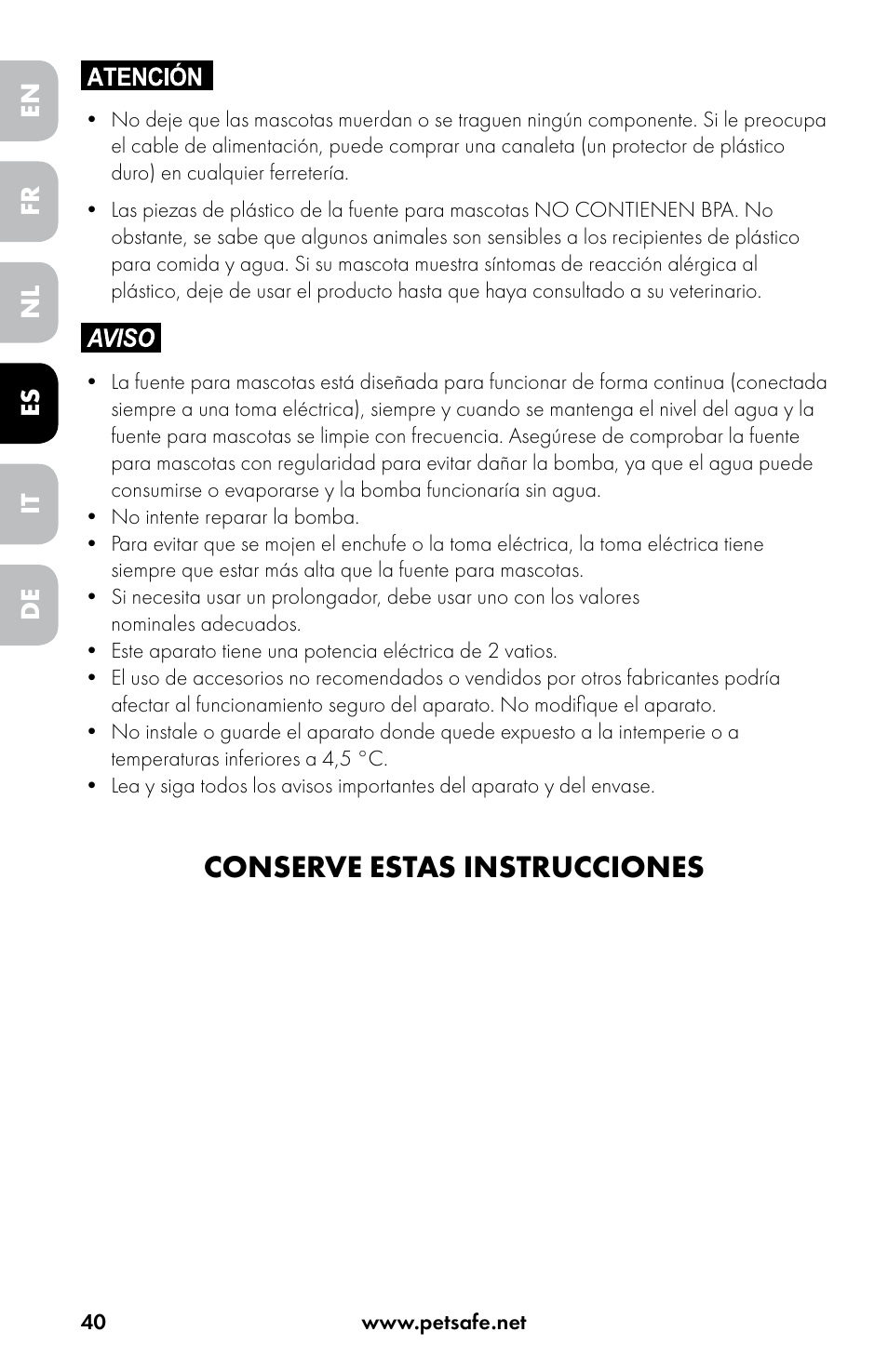 Conserve estas instrucciones | Petsafe Drinkwell® Original Pet Fountain User Manual | Page 40 / 76