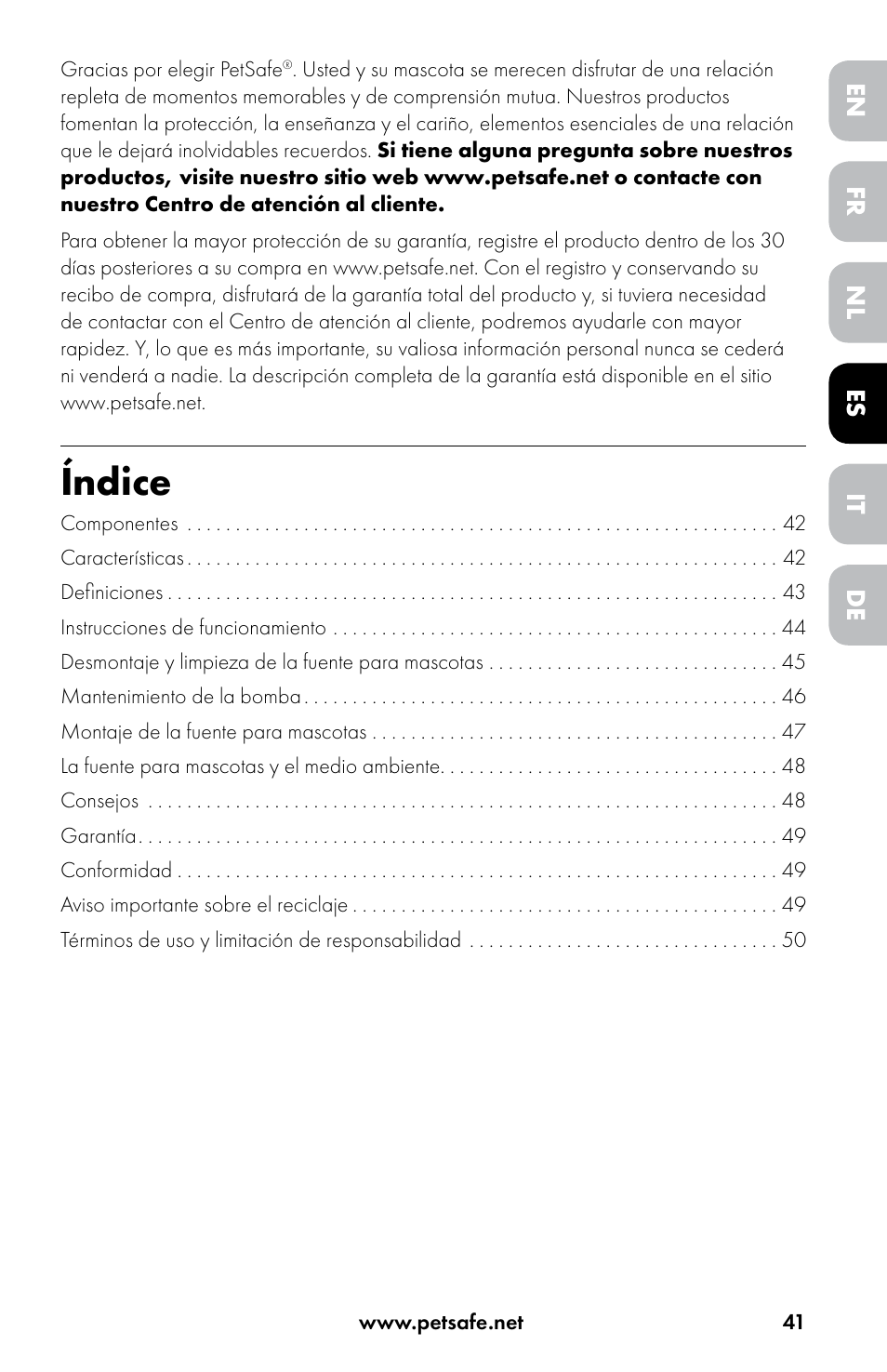 Índice | Petsafe Drinkwell® Original Pet Fountain User Manual | Page 41 / 76