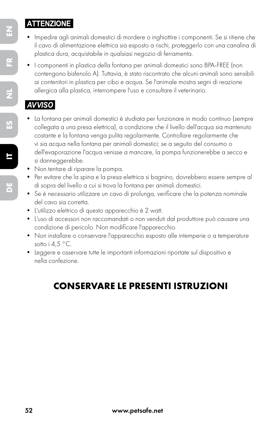 Conservare le presenti istruzioni | Petsafe Drinkwell® Original Pet Fountain User Manual | Page 52 / 76
