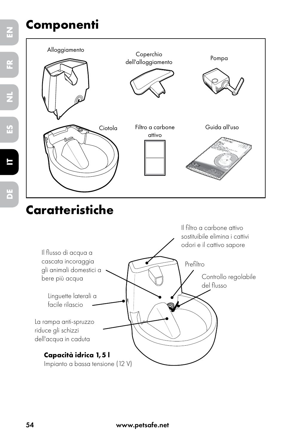 Componenti caratteristiche, En es fr it nl de | Petsafe Drinkwell® Original Pet Fountain User Manual | Page 54 / 76
