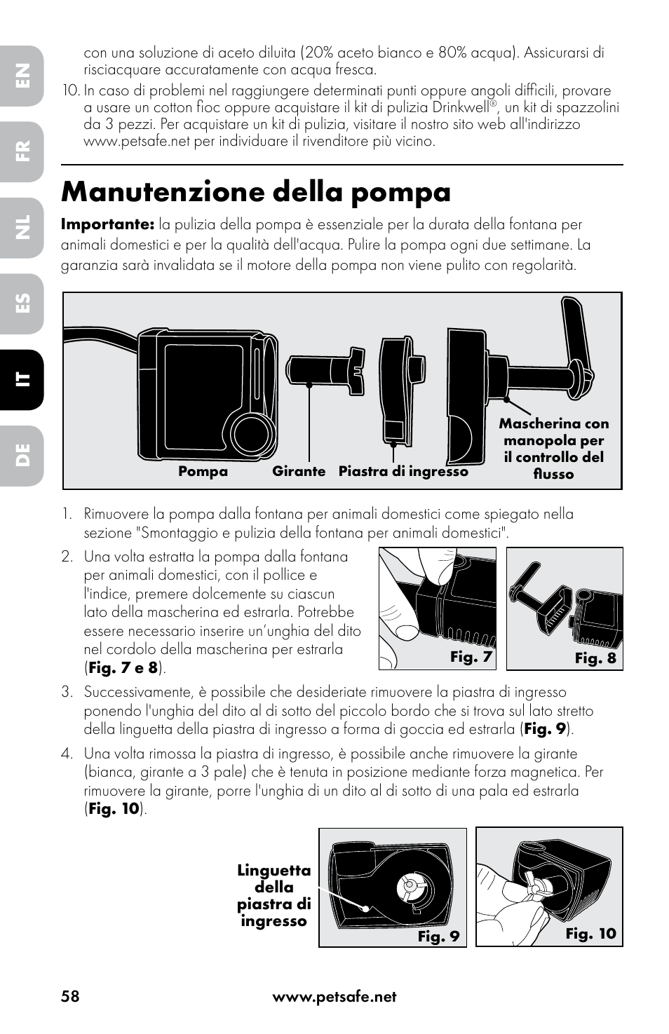 Manutenzione della pompa, En es fr it nl de | Petsafe Drinkwell® Original Pet Fountain User Manual | Page 58 / 76