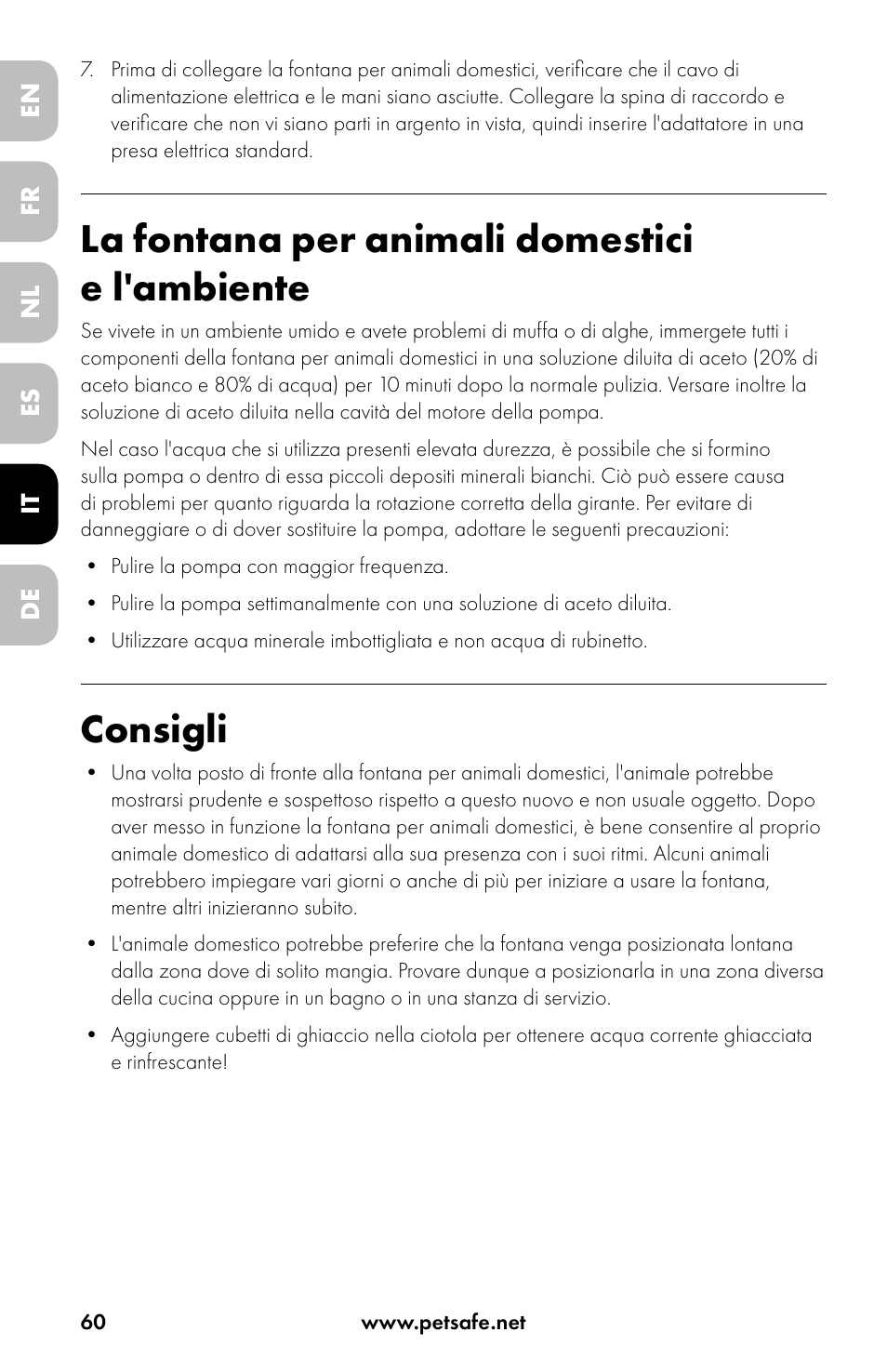 La fontana per animali domestici e l'ambiente, Consigli | Petsafe Drinkwell® Original Pet Fountain User Manual | Page 60 / 76
