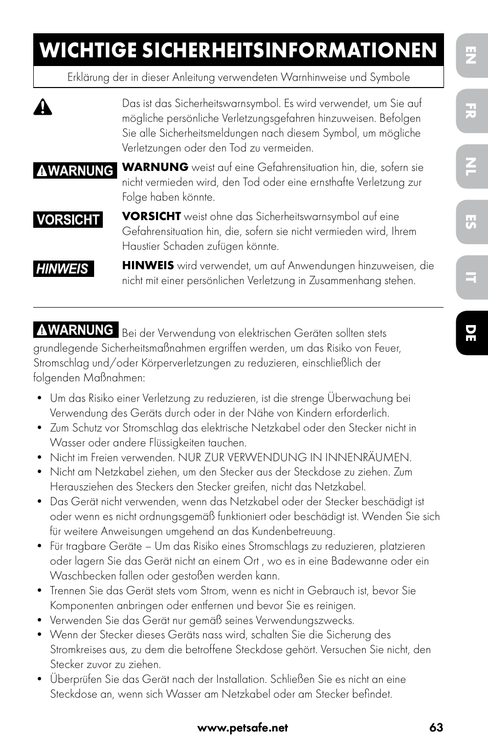 Wichtige sicherheitsinformationen | Petsafe Drinkwell® Original Pet Fountain User Manual | Page 63 / 76