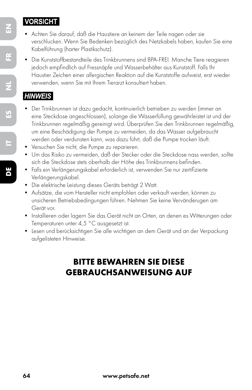 Bitte bewahren sie diese gebrauchsanweisung auf | Petsafe Drinkwell® Original Pet Fountain User Manual | Page 64 / 76