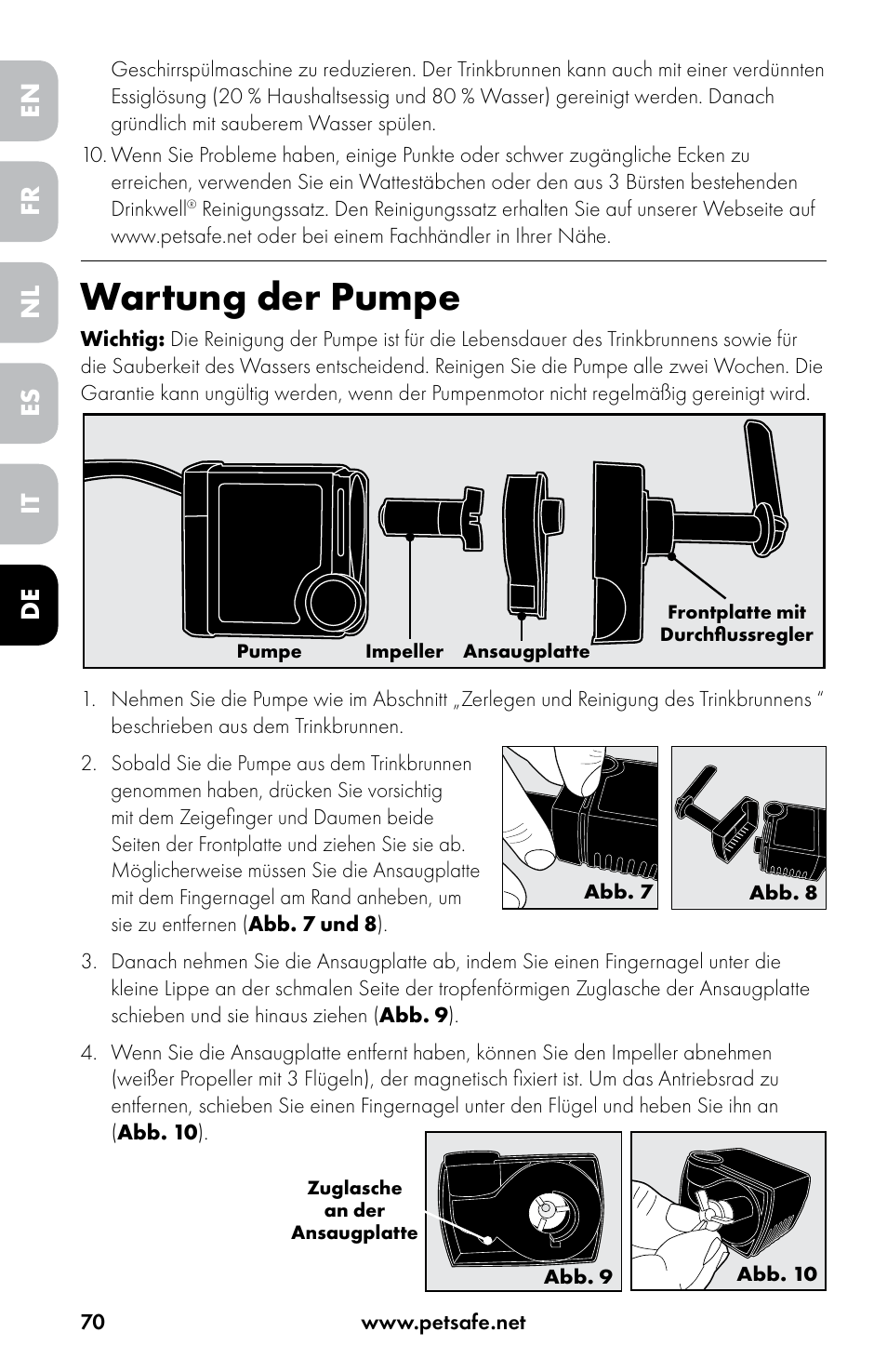 Wartung der pumpe, En es fr it nl de | Petsafe Drinkwell® Original Pet Fountain User Manual | Page 70 / 76