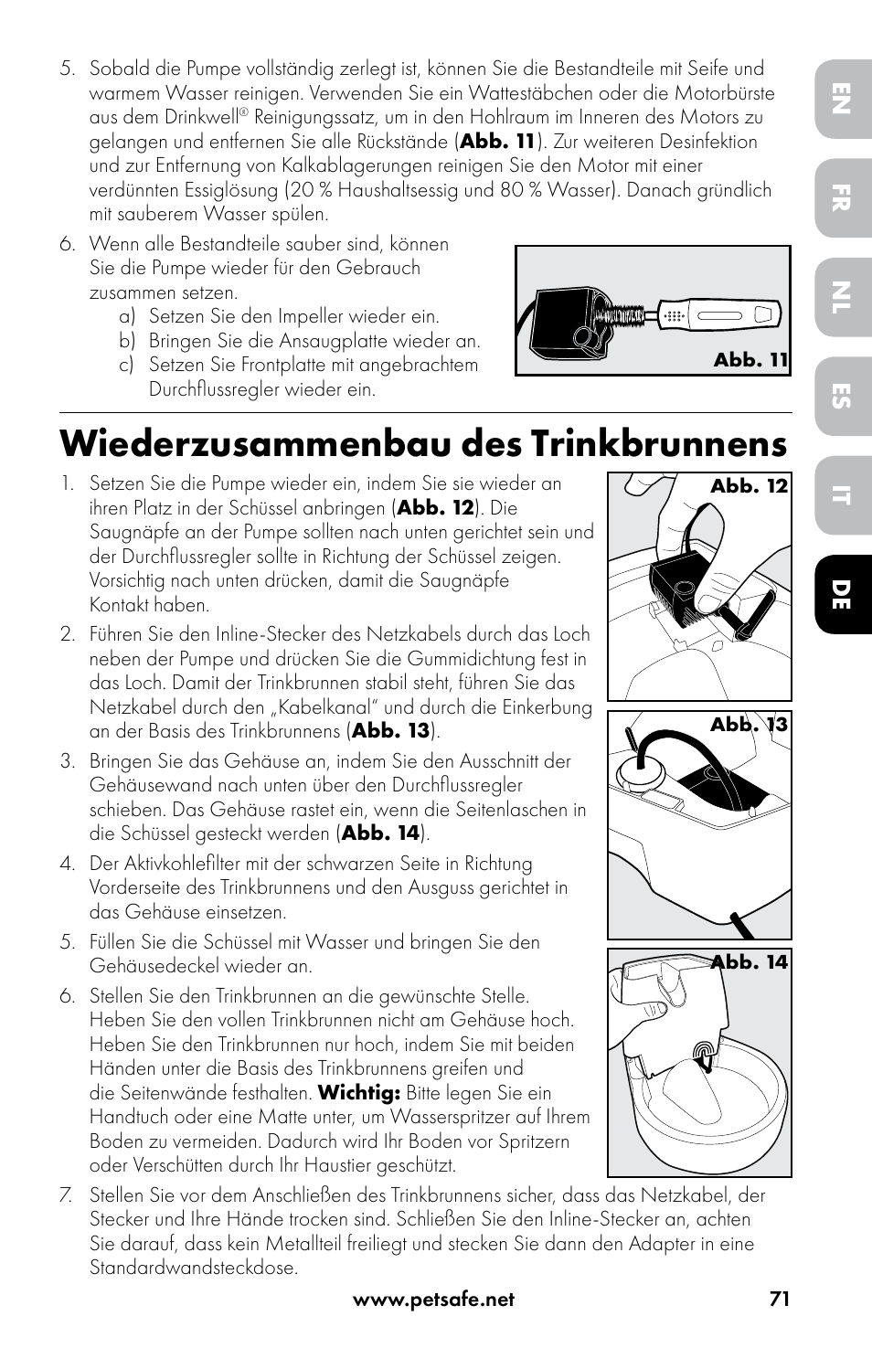 Wiederzusammenbau des trinkbrunnens, Fr it nl de en es | Petsafe Drinkwell® Original Pet Fountain User Manual | Page 71 / 76