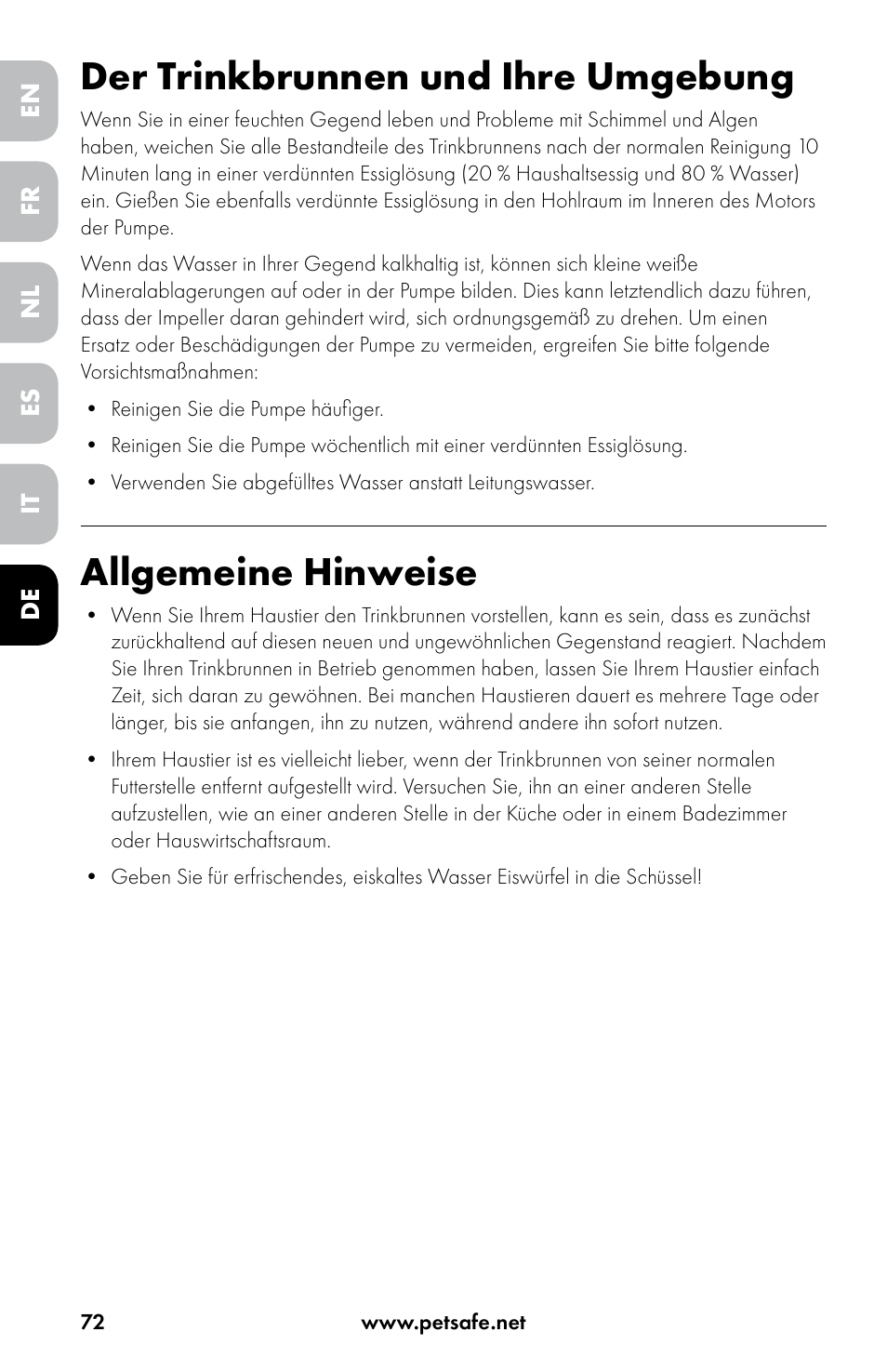 Der trinkbrunnen und ihre umgebung, Allgemeine hinweise | Petsafe Drinkwell® Original Pet Fountain User Manual | Page 72 / 76