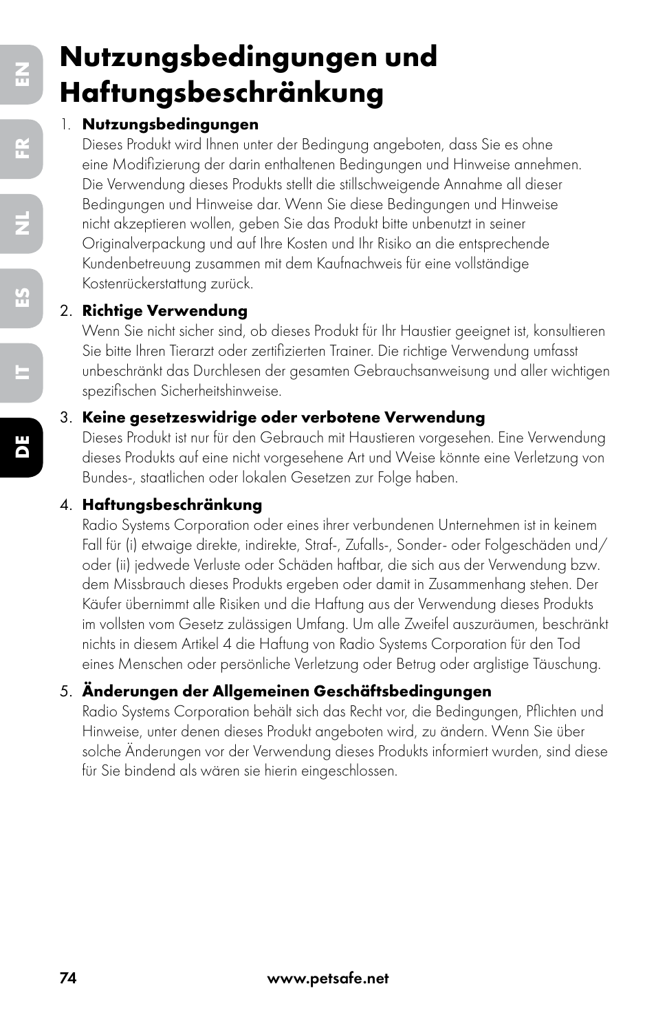 Nutzungsbedingungen und haftungsbeschränkung | Petsafe Drinkwell® Original Pet Fountain User Manual | Page 74 / 76