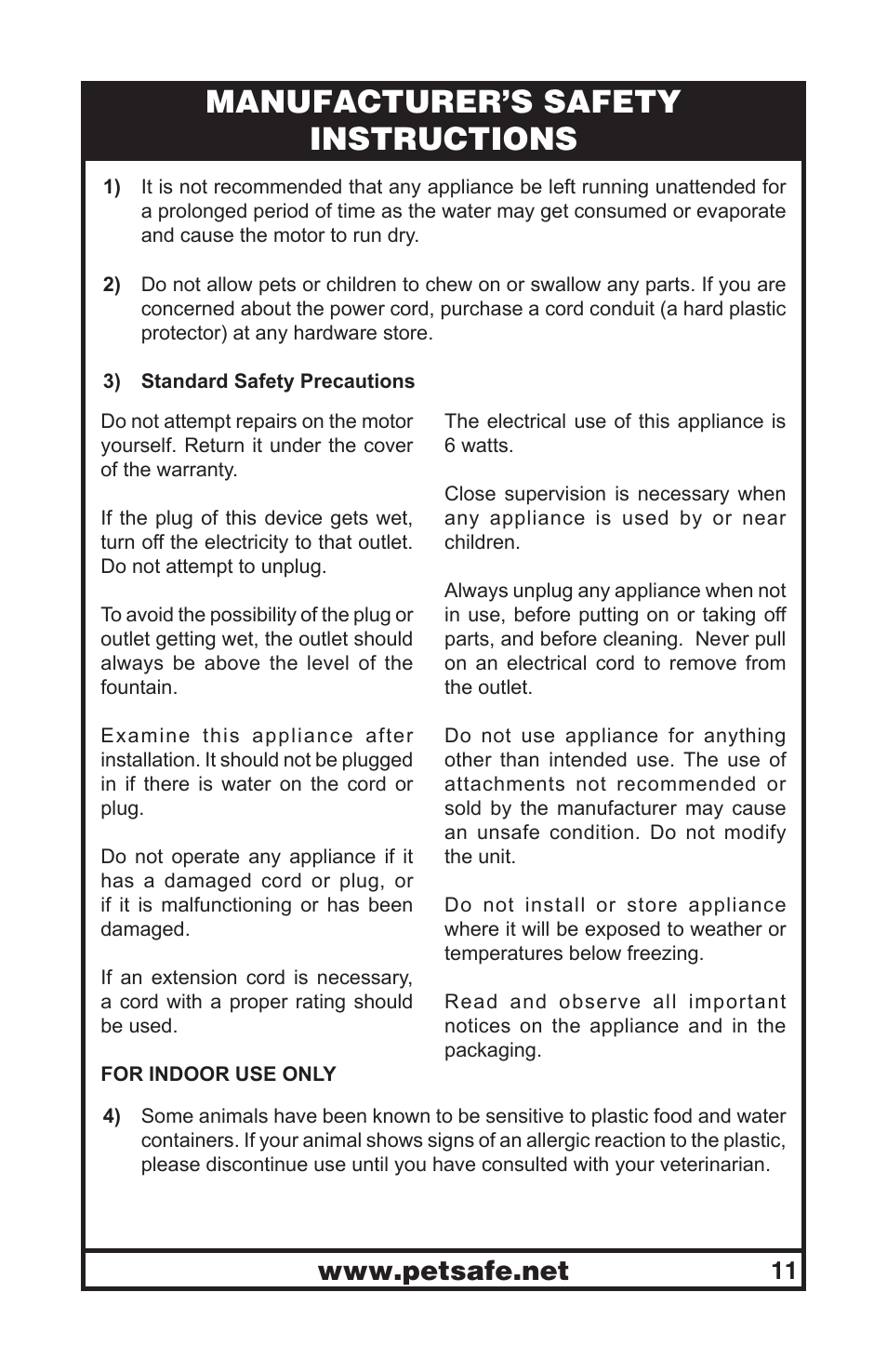 Manufacturer’s safety instructions | Petsafe Drinkwell® Original Pet Fountain User Manual | Page 11 / 61