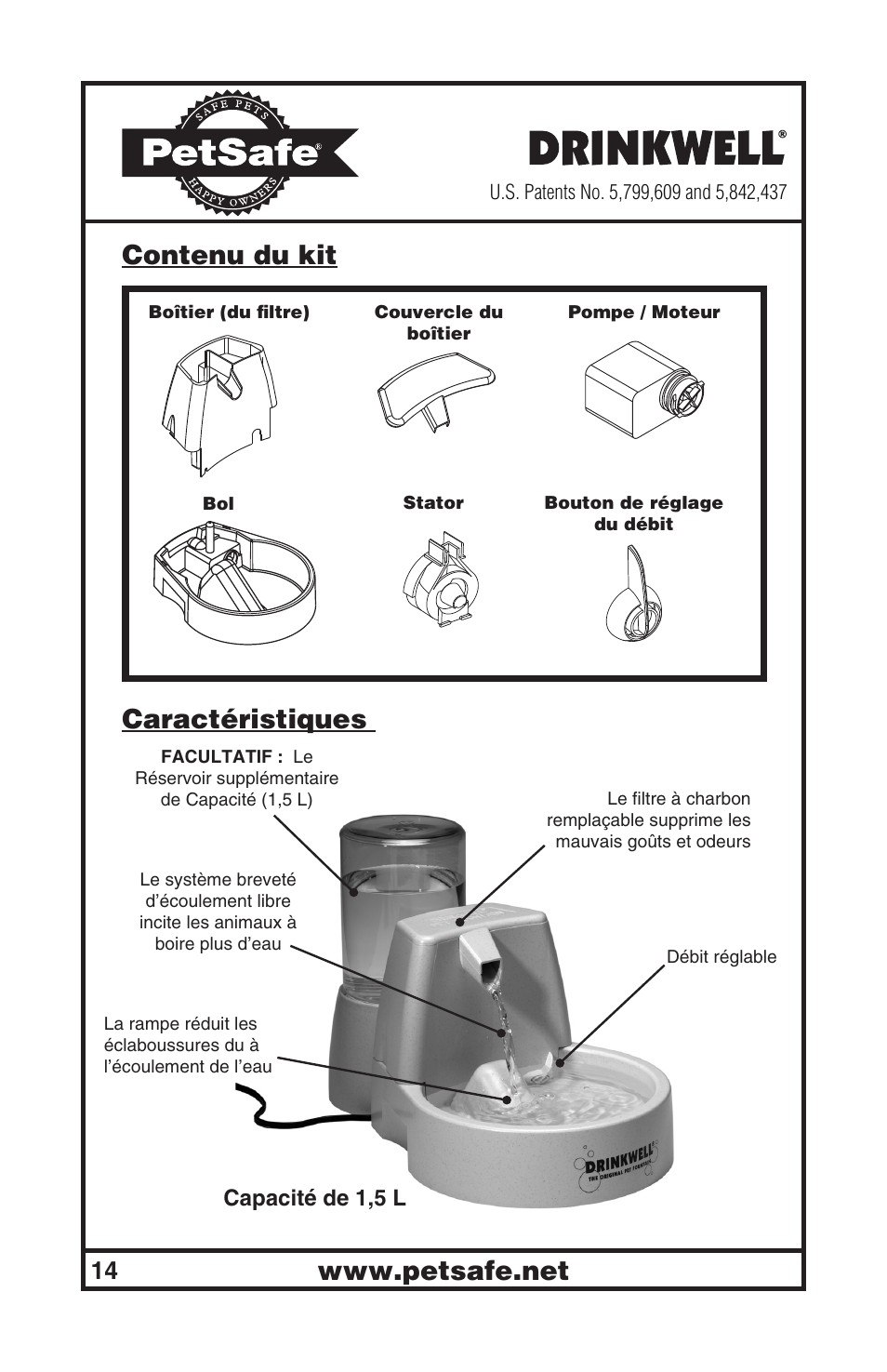 Contenu du kit, Caractéristiques | Petsafe Drinkwell® Original Pet Fountain User Manual | Page 14 / 61