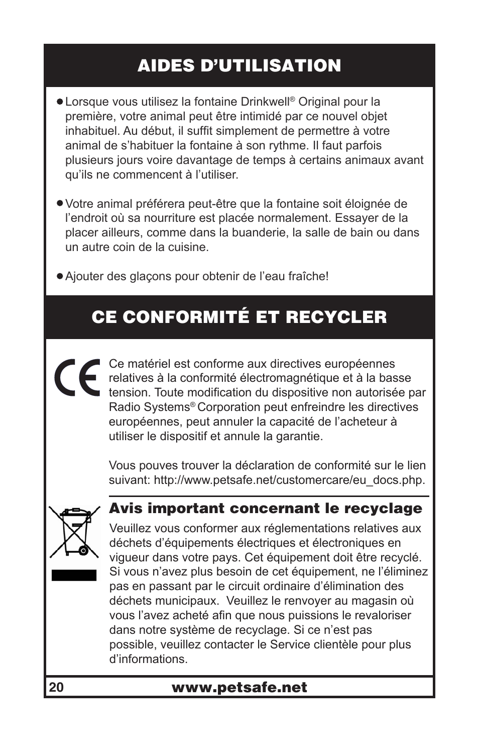 Aides d’utilisation, Ce conformité et recycler, Avis important concernant le recyclage | Petsafe Drinkwell® Original Pet Fountain User Manual | Page 20 / 61