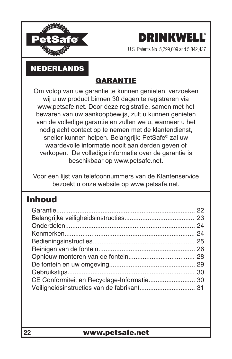 Inhoud | Petsafe Drinkwell® Original Pet Fountain User Manual | Page 22 / 61