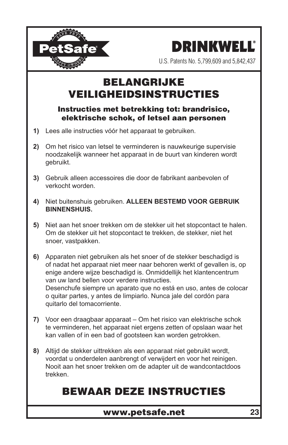 Belangrijke veiligheidsinstructies, Bewaar deze instructies | Petsafe Drinkwell® Original Pet Fountain User Manual | Page 23 / 61