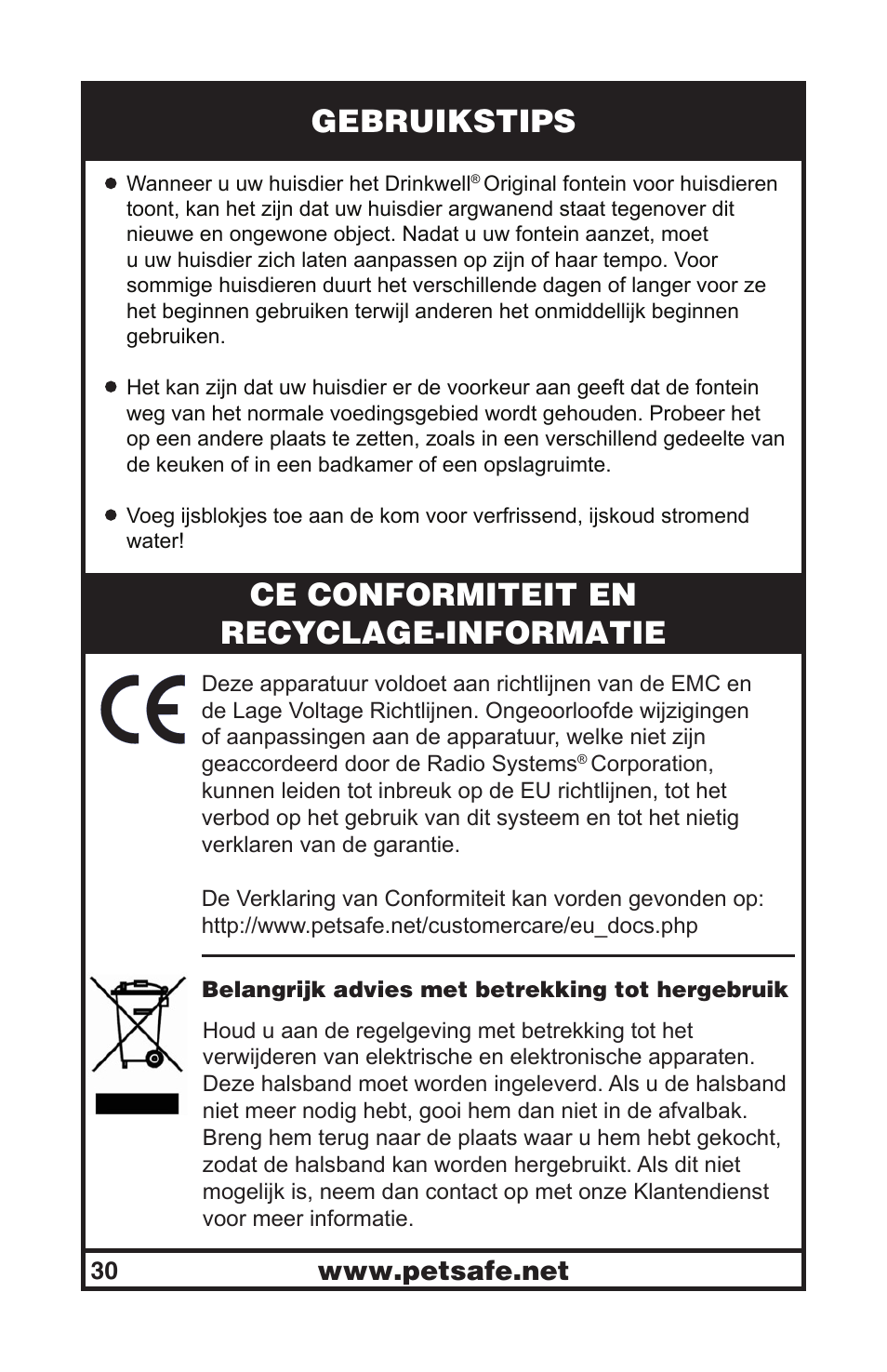 Gebruikstips, Ce conformiteit en recyclage-informatie | Petsafe Drinkwell® Original Pet Fountain User Manual | Page 30 / 61