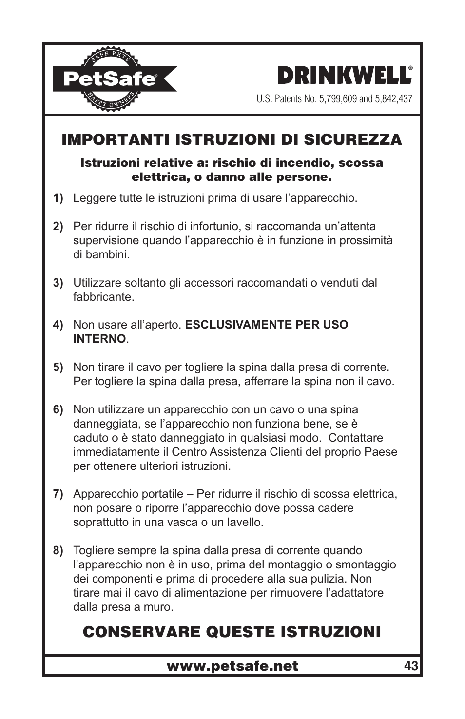 Importanti istruzioni di sicurezza, Conservare queste istruzioni | Petsafe Drinkwell® Original Pet Fountain User Manual | Page 43 / 61