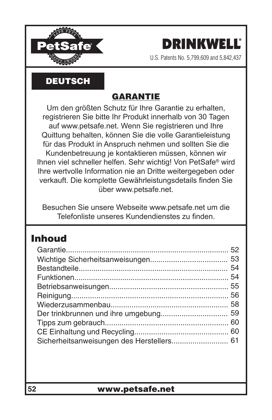 Inhoud | Petsafe Drinkwell® Original Pet Fountain User Manual | Page 52 / 61