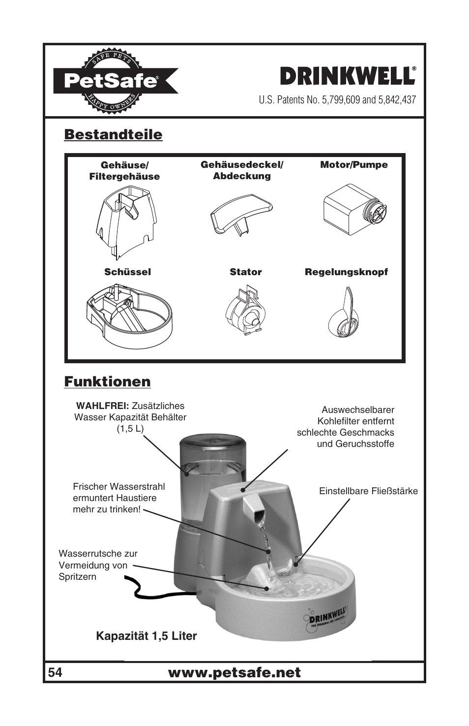 Bestandteile funktionen | Petsafe Drinkwell® Original Pet Fountain User Manual | Page 54 / 61
