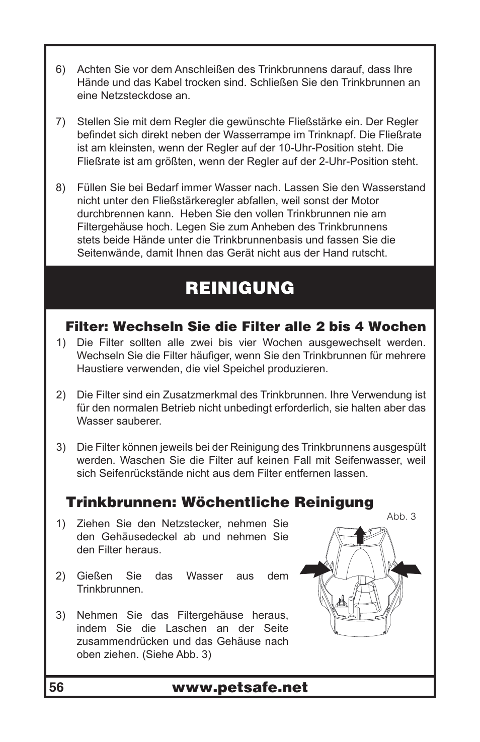 Reinigung, Trinkbrunnen: wöchentliche reinigung | Petsafe Drinkwell® Original Pet Fountain User Manual | Page 56 / 61