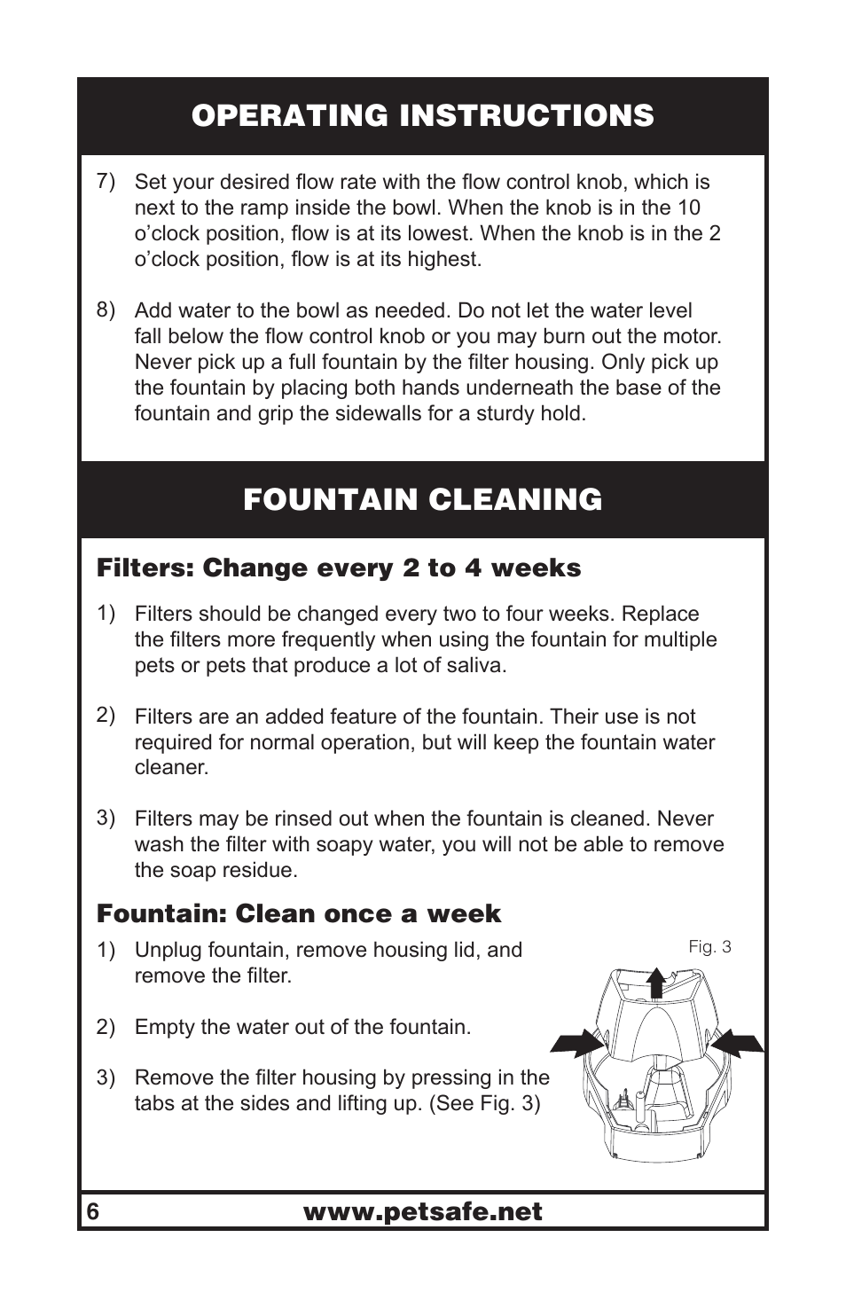 Operating instructions, Fountain cleaning | Petsafe Drinkwell® Original Pet Fountain User Manual | Page 6 / 61