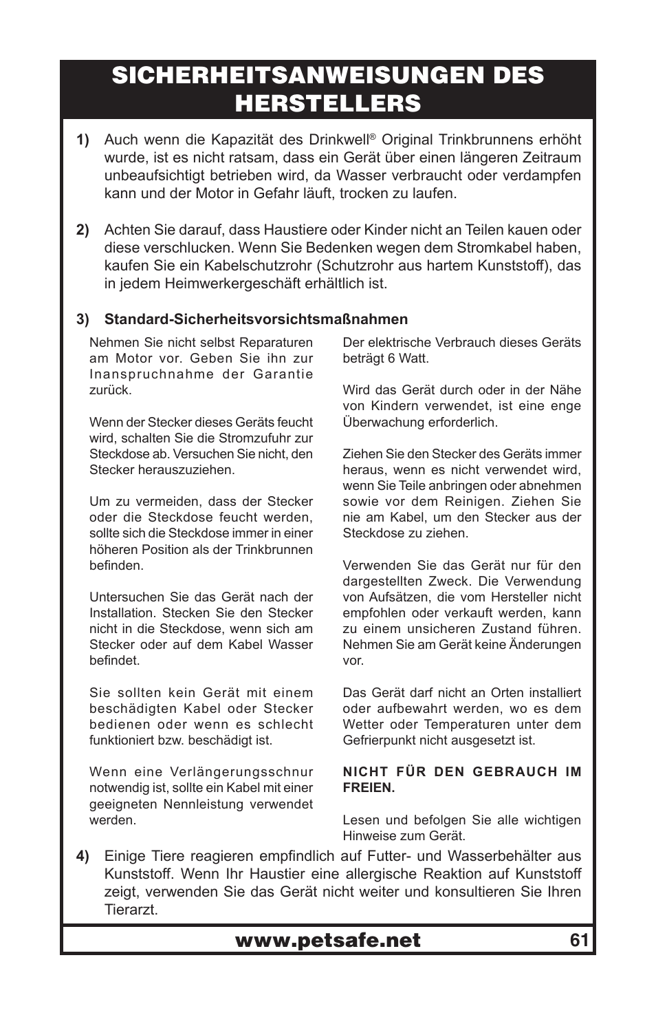 Sicherheitsanweisungen des herstellers | Petsafe Drinkwell® Original Pet Fountain User Manual | Page 61 / 61