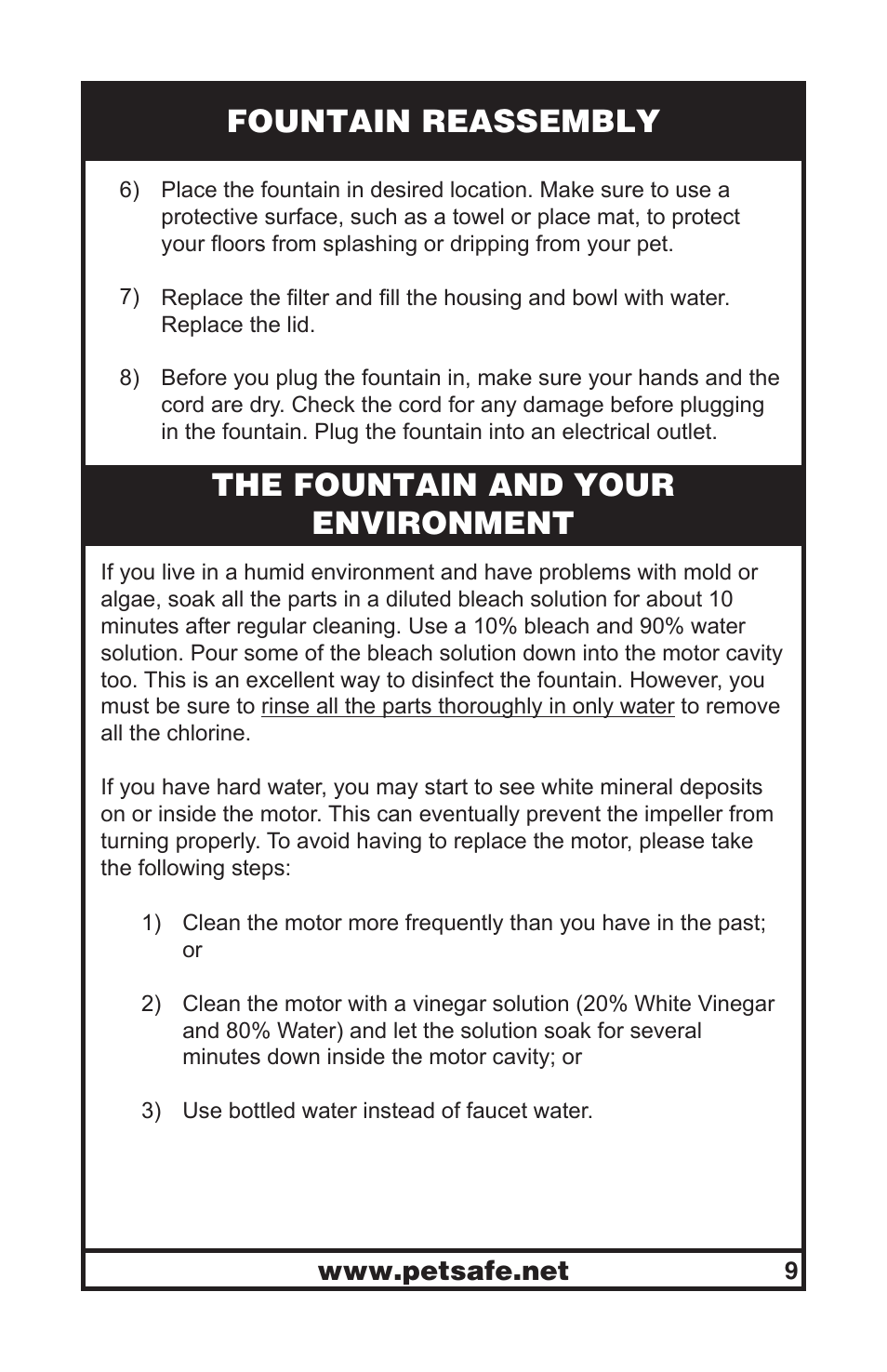 Fountain reassembly, The fountain and your environment | Petsafe Drinkwell® Original Pet Fountain User Manual | Page 9 / 61