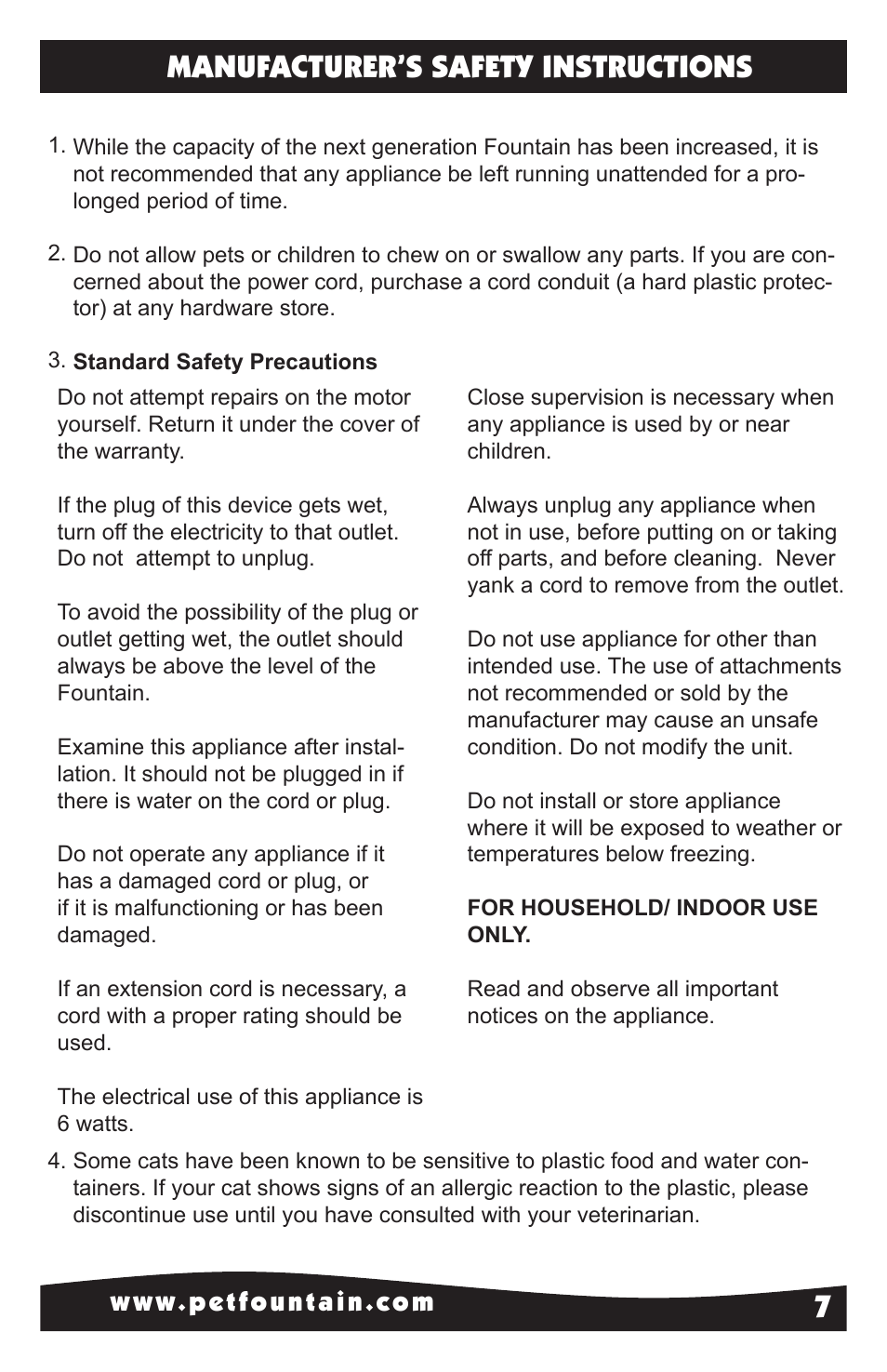 Manufacturer’s safety instructions | Petsafe Drinkwell® Original Pet Fountain User Manual | Page 7 / 8